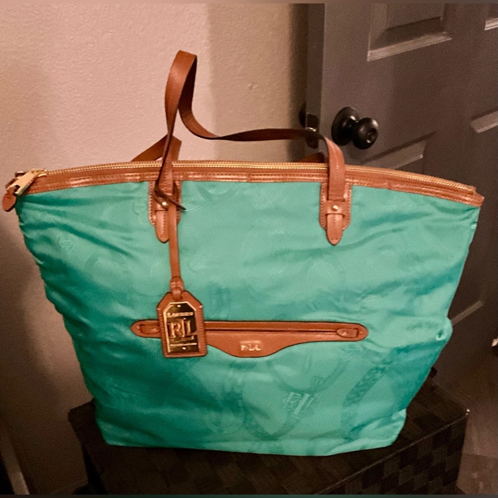 Ralph Lauren Beautiful Teal and Brown Leather Trim Shoulder Bag.